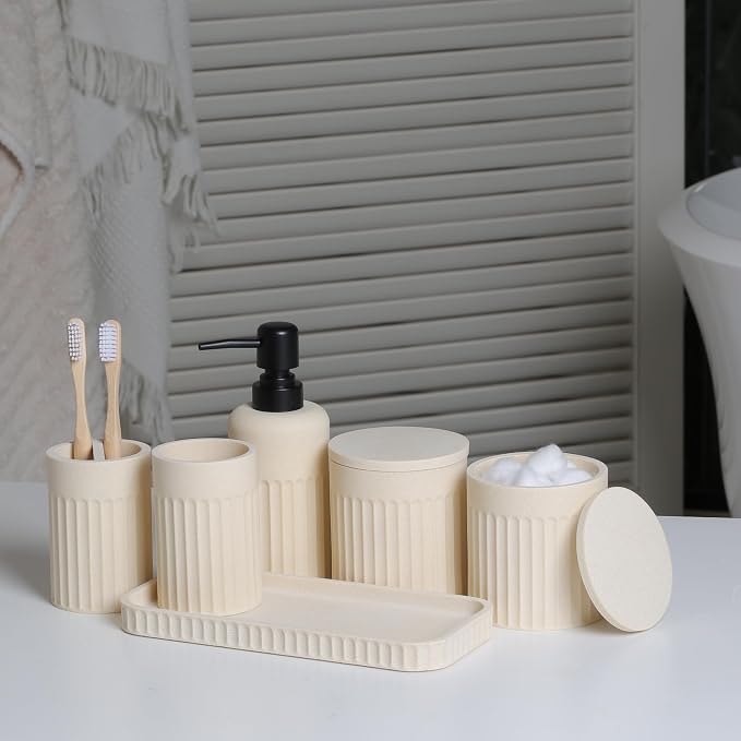 INIUNIK Bathroom Accessory Set - 6 Pieces Bathroom Accessories Set Complete with Soap Dispenser, Toothbrush Holders, Tumbler, Vanity Tray and 2 Qtip Holder for Home Organizer and Decor, Beige - Image 9