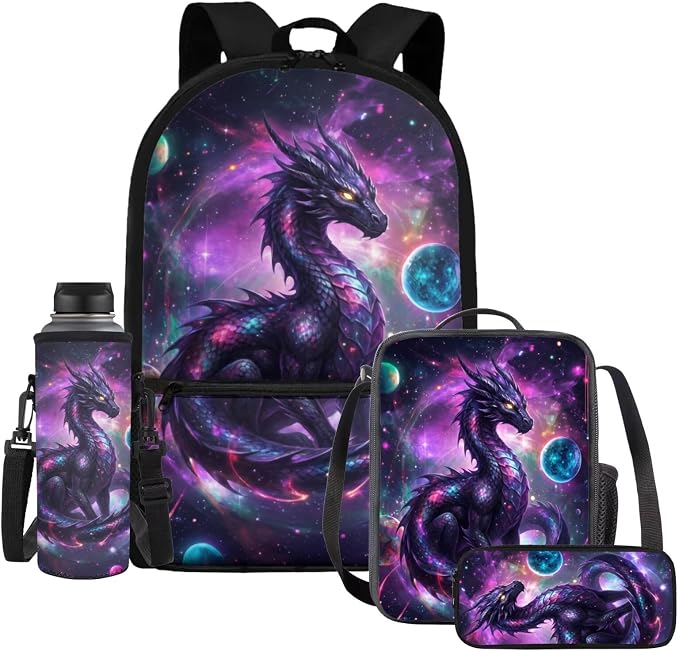 Space Dragon Backpack Boys and Lunch Box Pencil Case 4 Piece Galaxy School Bag for Elementary Middle Back to School Supplies 17'' Large Capacity Lightweight Bookbag by Dremagia