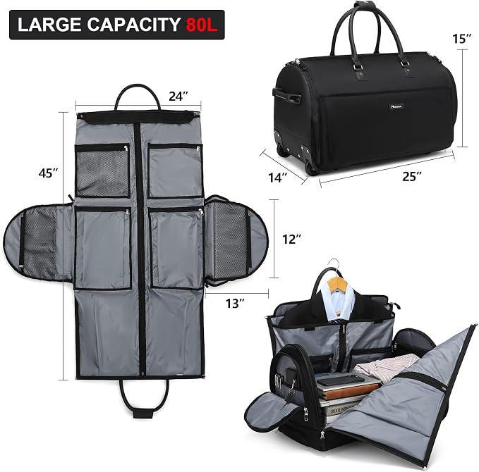 Modoker Rolling Garment Bags, 25in Large Garment Duffle Bag with Wheels, 3 in 1 Garment Suit Luggage Bag, Not Standard Carry-On Size for Women Men Business Travel Weekender, Black - Image 2