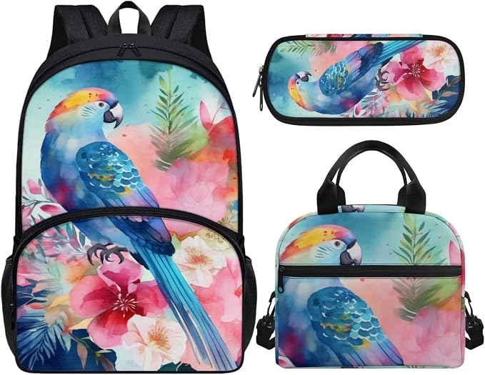 Blue Floral Bird Parrot Backpack Set for Girls Kids Lightweight Cute School Backpack with Lunch Box Pencil Case Adjustable Strap Padded Book Bag Insulated Lunch Bag - Image 2