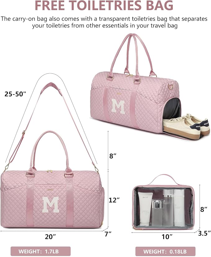 Women Weekender Travel Duffle Bag: Initial Duffel Overnight Bags with Shoe Compartment Large Carry on Tote with Toiletry Bag Weekend Traveling Yoga Gym Hospital Bag for Women with Wet Pocket Letter M - Image 2