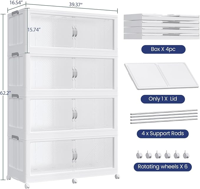 320Gal/1280QT 4-Tiers Extra Large Stackable Storage Bins with Lid, Collapsible Cabinet Closet Organizer Plastic Container Box with Wheels Doors Drawers for Office Dorm Kitchen, White - Image 2