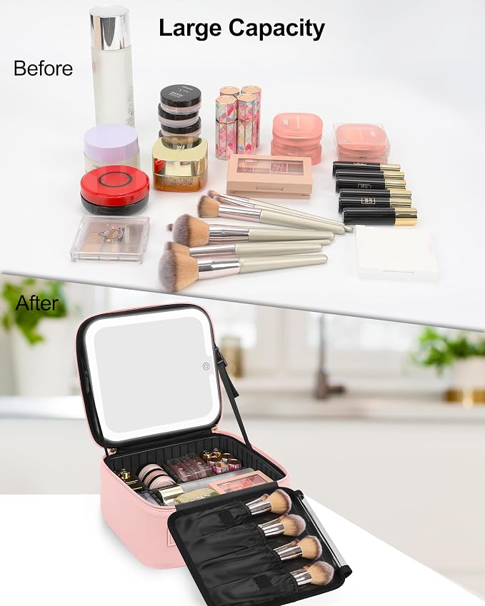 Chomeiu Makeup Bag with LED Mirror, Cute Cosmetic Bags for Women and Girls, Travel Train Case Artists Organizer Large Make Up Bags with 3 Color Light Up Mirror & Removable Brush Compartment, Pink - Image 8