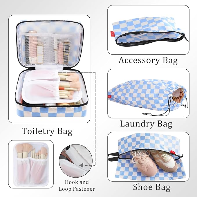 U+U 10 Set Compression Packing Cubes - Ultralight Travel Organizers with Laundry Bag and Cosmetic Bag, Space-Saving Suitcase Organizer for Travel, Business Trip and Family Vacation (Blue Checkered) - Image 4