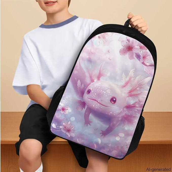 Cherry Blossom Axolotl Backpack for Girls Kids Backpack with Lunch Box Water Bottle Carrier and Aesthetic Pencil Case 4PCS Set Cute Bookbag with Compartments for School 17" Large School Bag - Image 3