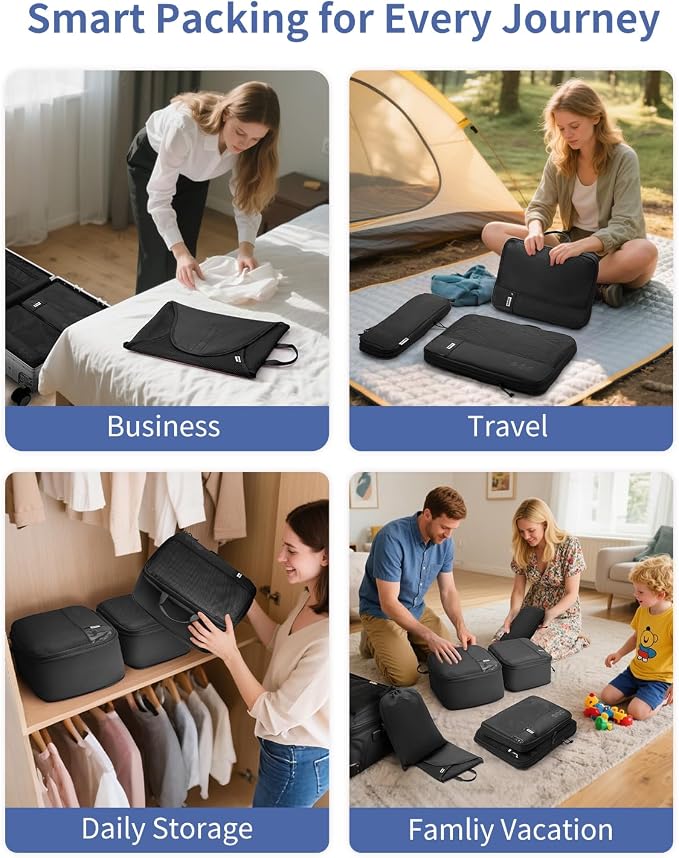 WANDF 7 Set Compression Packing Cubes for Travel, Shirt Folder for Wrinkle-Free, Suitcase Organizer Bags Set for Carry-On Checked Luggage Duffle Bag Women Men(Black) - Image 9