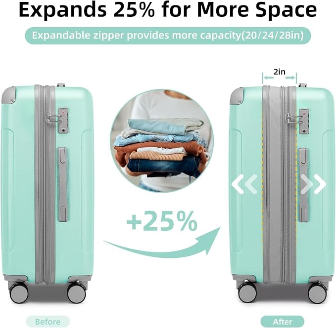 6 Piece Luggage Set Hard Shell - Mint Green Expandable Suitcases with Spinner Wheels and Duffel Bags for Family Travel, Durable Carry On Luggage Sets with Lock for Women and Men - Image 3