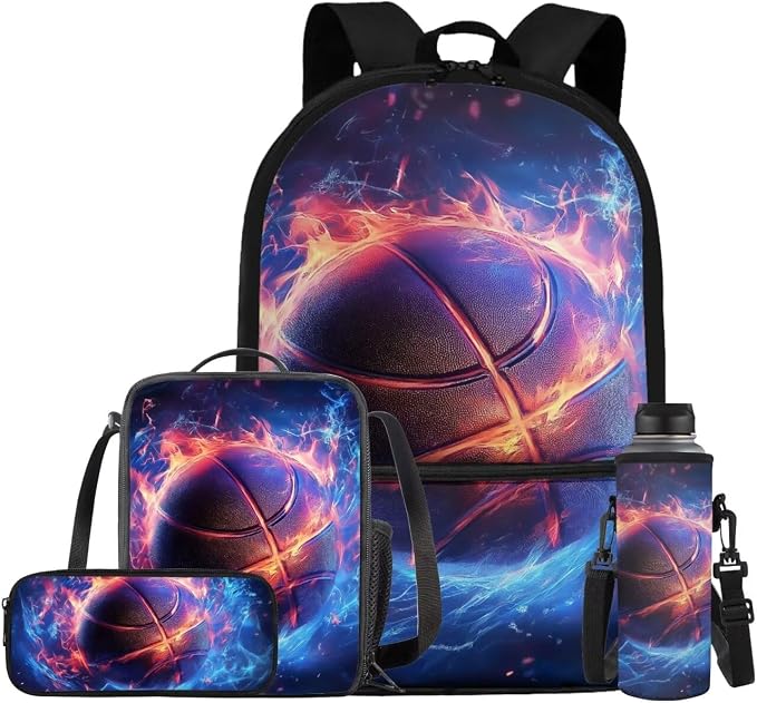 Fire Basketball Backpack for School Boys Backpack with Lunch Box Water Bottle Bag and Big Pencil Case 4PCS Set Bookbag with Front Pocket 17" Lightweight School Bag with Side Pocket for Kids by ELEDIZI