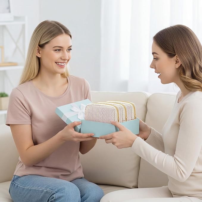 Sanwuta 6 Seersucker Cosmetic Bag Bulk Striped Makeup Bag for Women Aesthetic Cute Travel Toiletry Organizer Preppy Storage Pouch for Wedding Bridesmaid Mother's Day Teacher Gift (Small,Khaki) - Image 5