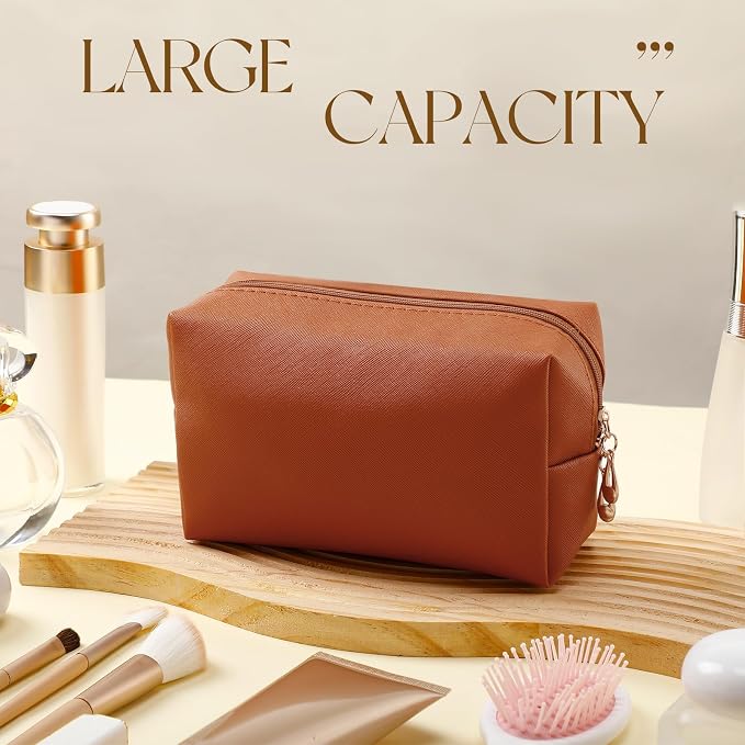 Kigeli Aesthetic Makeup Bags PU Leather Cosmetic Pouches Waterproof Plain Toiletry Bags Makeup Pouches Bulk for Women Party Gift Travel Storage Organizer(Orange Brown,7.1 x 2.8 x 4.3 in) - Image 4