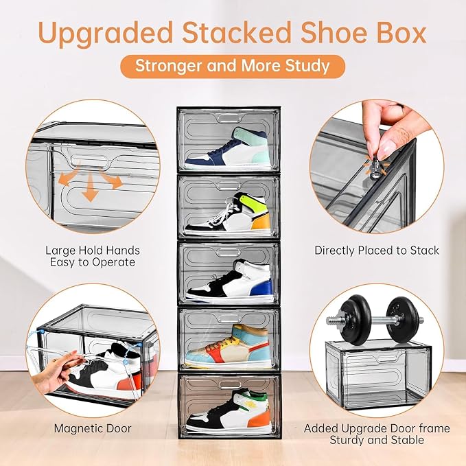 Amllas New Gray 8 Pack Shoe Boxes Stackable, Large Shoe Storage Organizer with Lids,Drop Side Shoe Containers for Entryway,Sneaker Storage Fit up to US Size 13 for Men/Women(13’’x 10.6”x 8.3”) - Image 7