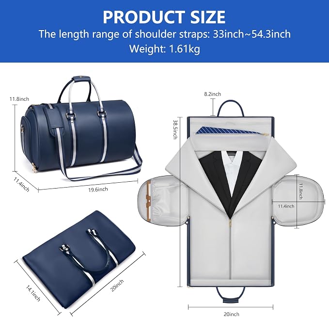 Leather Garment Bags for Travel, Convertible Carry on Garment Duffel Bag for Men, 2 in 1 Waterproof Foldable Travel Suit Bag with Shoulder Strap Weekender Bag with Shoe Pouch, Blue - Image 4