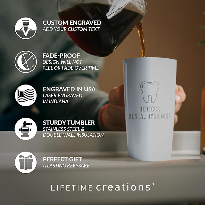 Lifetime Creations Engraved Personalized Dentist Tumbler With Lid 20 oz (White) - Custom Stainless Steel Coffee Travel Mug, Dental Hygienist Gift, Dentist Appreciation