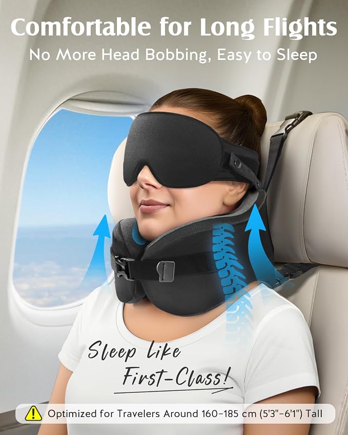 YFONG Travel Pillow for Long Flight Airplane, Head Strap Combo with 3D Contoured Sleep Eye Mask, Neck Pillow for Travel Essential, 360° Support Memory Foam Headrest, Prevent Bobbing, Drawstrap - Black - Image 2