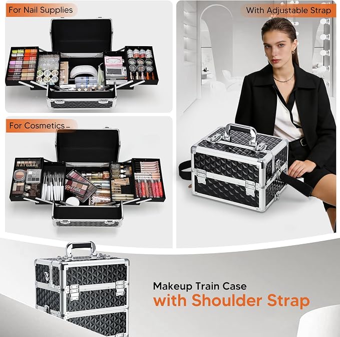Professional Rolling Makeup Case, 3 in 1 Makeup Train Case, Cosmetology Case on Wheels, Large Makeup Trolley Salon Barber Traveling Trunk Suitcase for Makeup School Nail Tech Hairstylist MUA, Black - Image 3