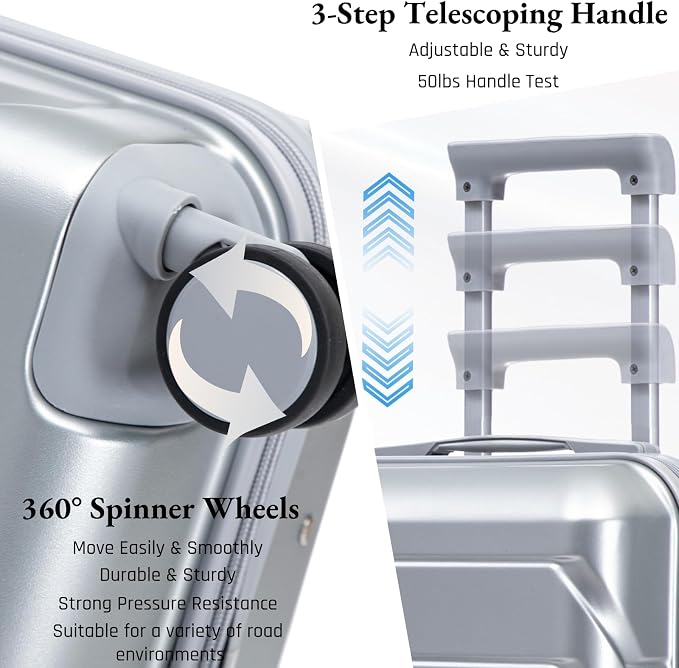 2-Piece ABS Hard Shell Lightweight Carry-On Luggage Set (14" & 20"), 360-Degree Spinner Wheels, Adjustable Telescopic Handle and Combination Lock for Travel, Silver - Image 3