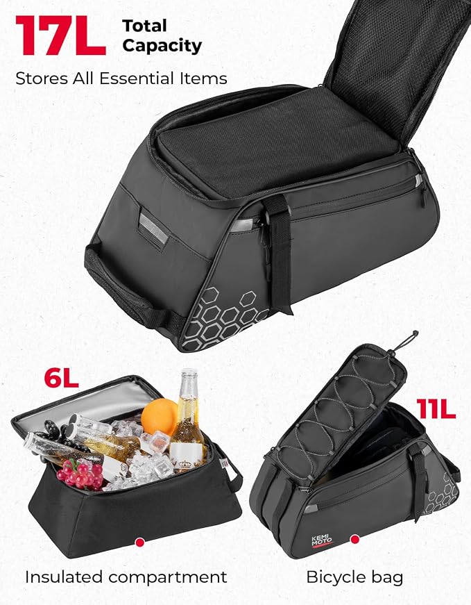 KEMIMOTO 11L Bike Bag with 6L Removable Cooler Bag, Bike Rear Rack Bag PVC Water Resistant Insulated Bag, Bicycle Trunk Pannier with Shoulder for Cycling Ebike Back Seat Storage - Image 3