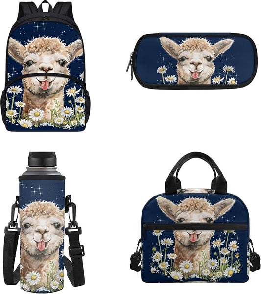 POLERO Girls Alpaca Backpack Lightweight Kids School Bookbags with Lunch Box, Pencil Case and Water Bottle Holder 4Pcs Schoolbags Set by WelcometoPOLERO