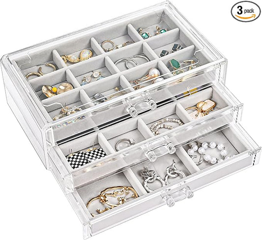 ProCase Earring Holder Organizer Jewelry Box with 3 Drawers, Acrylic Clear Earring Case with Adjustable Velvet Trays for Women - Grey, 3 Layers by ProCase