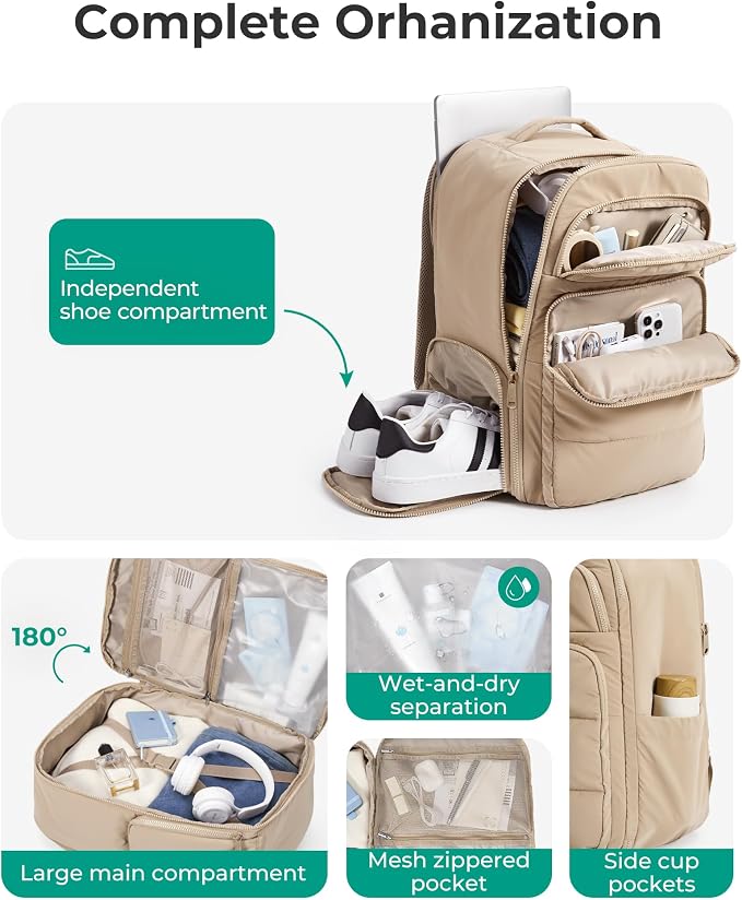 BAGSMART 35L Travel Backpack for Women, 17.3" Carry-On Personal Item | Flight Approved, 180° Opening, Wet/Dry Pocket, Free Crossbody Bag, Shoe Compartment, Luggage Sleeve, Water Resistant - Image 2