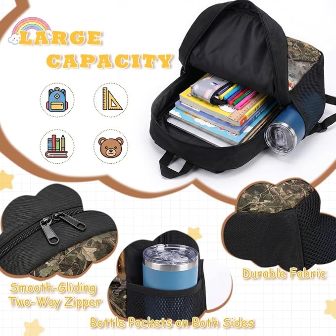 GIFTPUZZ 4 Piece Camouflage Deer Fish American Flag Backpack Set for Kids | Patriotic Bookbag with Lunch Box for Boys Elementary School, Zip up Pencil Case Pouch, Water Bottle Sleeve, Ages 6-8 - Image 3