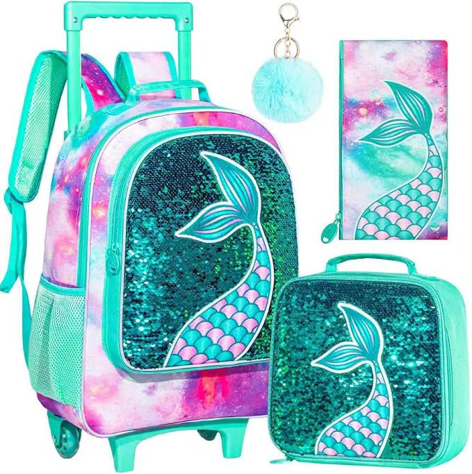 AGSDON 3PCS Rolling Backpack for Girls Boys, Kids Roller Wheels Bookbag, Wheeled School Bag with Lunch Bag by AGSDON