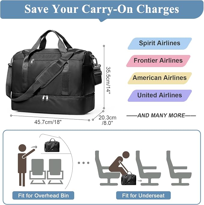 Travel Duffel Bag,Carry-On Overnight Weekender Bags with Shoes Compartment | Travel Bag with Wet Pocket & Luggage Sleeve, For Spirit Airlines 18x14x8 Personal Item Bag,Small,Black - Image 2