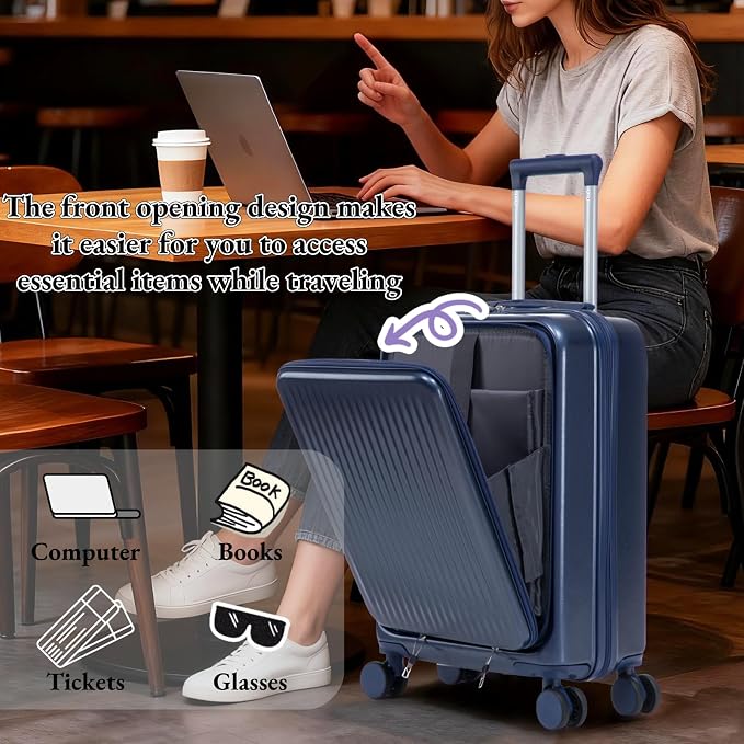 2 Pcs ABS Spinner Luggage Set - 14" Cosmetic Case & 20" Carry-On with Combination Lock, Front Opening Design, Navy Blue - Image 3