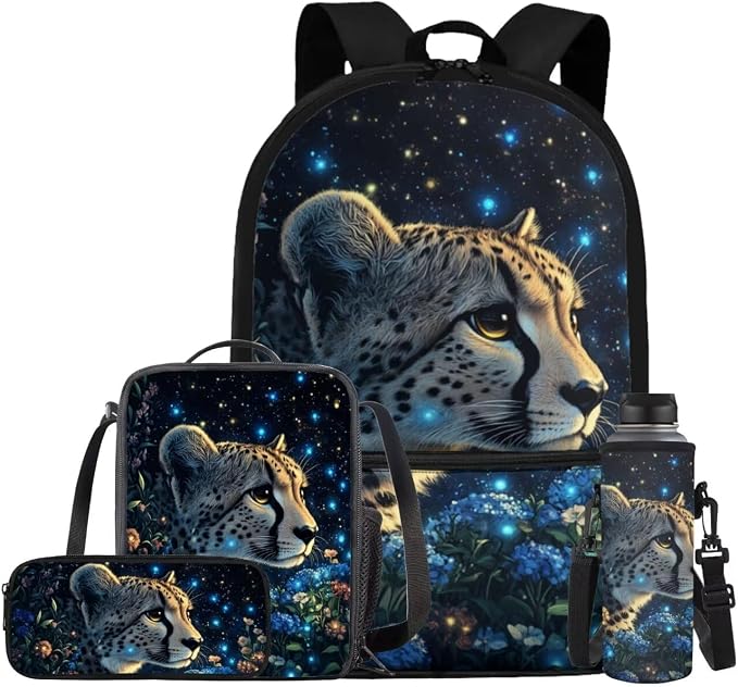 Aesthetic Leopard Backpack for Girls Kids Backpack with Lunch Box Water Bottle Holder with Strap and Soft Pencil Case 4PCS Set Bookbag with Front Pocket for School 17" Lightweight School Bag by ELEDIZI