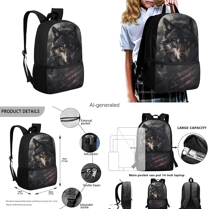 American Flag Wolf Backpack for Kids Boys Backpack with Lunch Box Water Bottle Bag and Soft Pencil Case 4PCS Set Bookbag with Front Pocket for School 17" Sturdy School Bag with Side Pocket - Image 3
