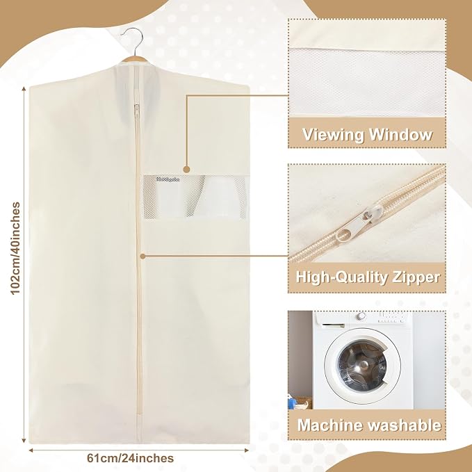 Aliceset 6 Pcs 24 x 40 Inches Cotton Garment Bags for Hanging Clothes, Canvas Suit Bags for Clothes Coats Jackets Shirts Closet Storage Travel Gusseted Hanging Garment Cover - Image 2