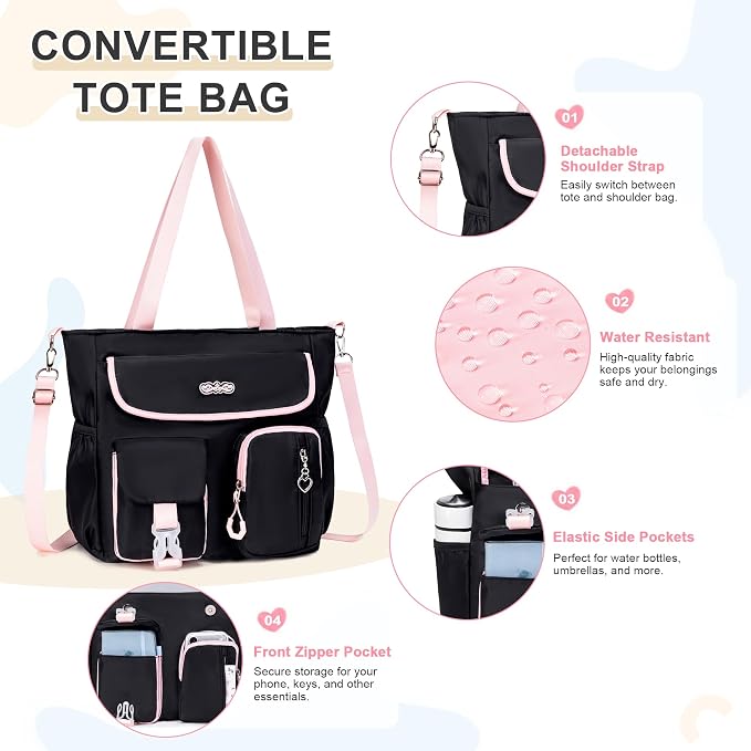 DIGOBAY Backpacks for Girls, 4PCS School Girls Backpack with Tote Bag Lunch Box Pencil Pouch for Teen Kids Elementary Primary Middle High College Travel School bag Bookbag Set, Black Pink - Image 3
