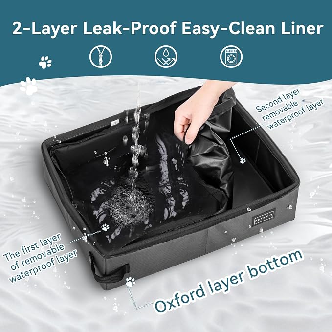 PETSFIT Portable Travel Cat Litter Box with Lid – Collapsible, Leak-Proof & Washable 2-Layer Liner, Sturdy Support Frame, for Hotel/Car/Camping, Cat Travel Essentials for Kitty/Medium Cats Grey - Image 3