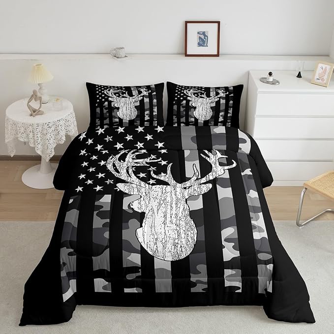 American Flag Bedding Set Deer Camo Comforter Set King for Kids Boys Teen Man,Western Rustic Black Grey Military Camouflage Bedding Comforters Hunting Deer Antlers Quilt Duvet for All Season 3 Pcs - Image 2
