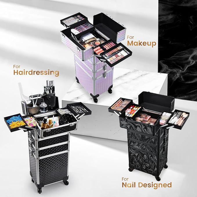 Stagiant Rolling Makeup Case Cosmetology Case on Wheels 4 in 1 Large Cosmetic Organizer Train Case Makeup Travel Case with Key Swivel Wheels Nail Artist Salon Storage Traveling Cart Trunk Black - Image 2