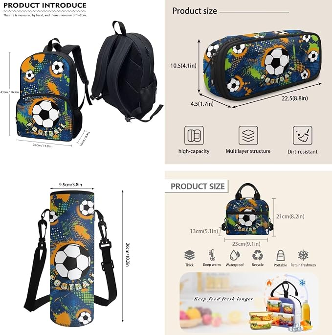 Back to School Gift 4pcs Soccer Backpack Full Set, Football Schoolbag With Insulated Lunchbag, Tote Bag, Water Bottle Carrier, Pen Bag - Casual Daypack for Travel/Hiking - Image 3