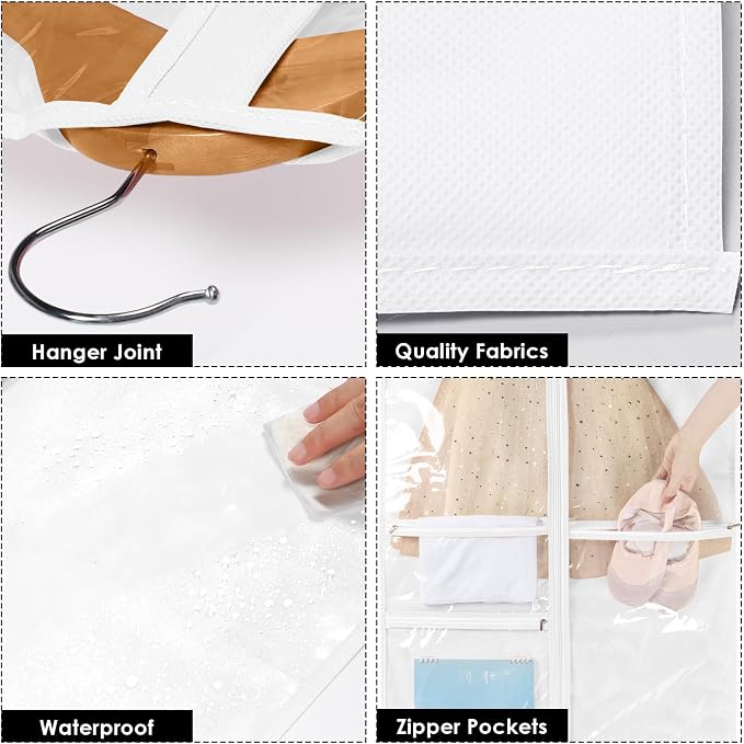 Univivi Dance Costume Bags Garment Bag 40 Inch Hanging Clothes for Dance Competitions, with 3 Medium Clear Zipper Pockets for Dance Costumes, Closet Storage (White) - 8 Pack - Image 3