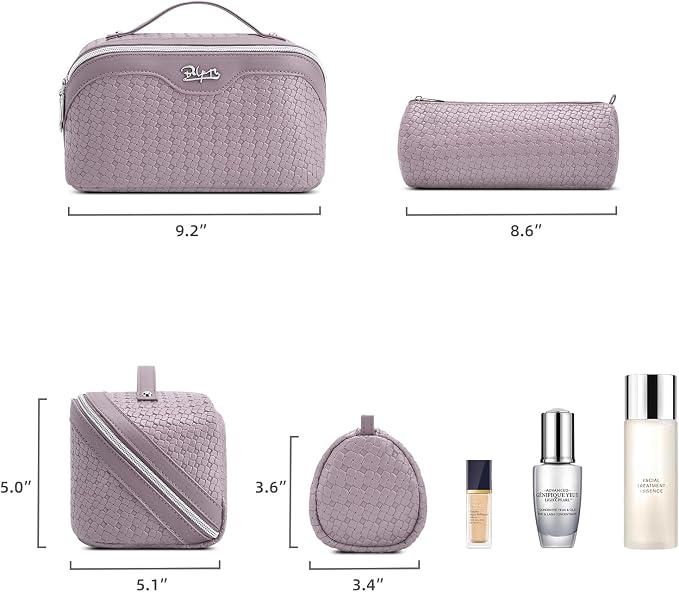 BOYATU Travel Makeup Bag Cosmetic Bags for Women: Large Capacity 3 Pcs Set Make up Bag with Compartments - Waterproof Vegan Leather Toiletry Organizer Bags with Handle (L55Light Purple) - Image 5