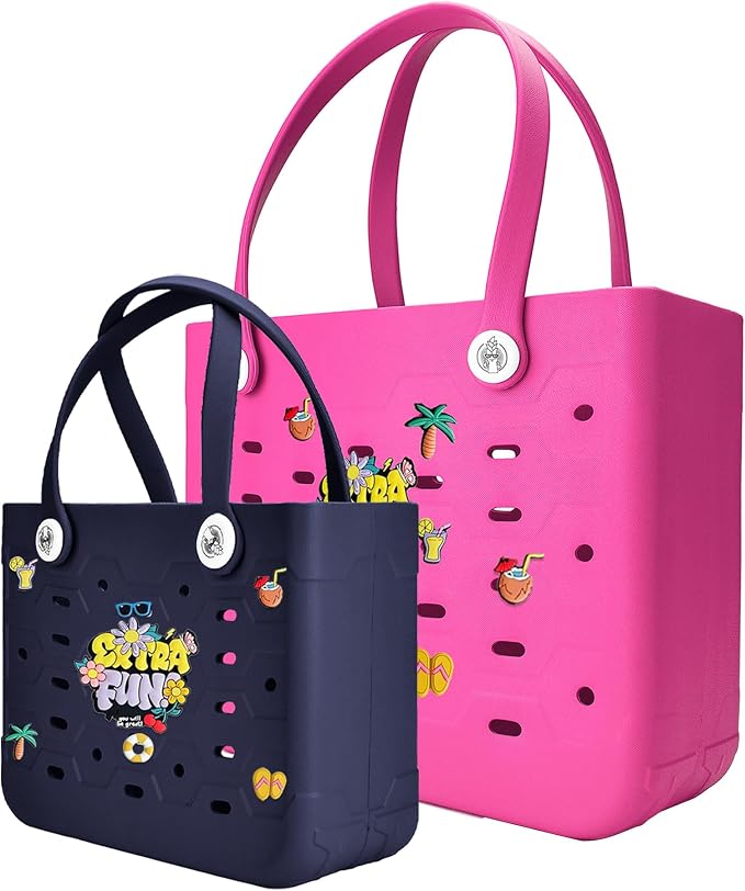 2-Pack Beach Bags Medium & Small,Waterproof Sandproof Rubber Tote Set for Women Men, Vacation Pool Boat Essentials by Unknown