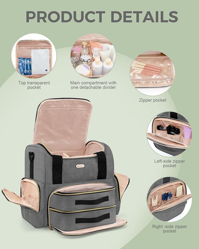BALULHG Large Travel Makeup Bag with 2 Removable Cases, Cosmetic Bag with Multiple Storage Sections, with Multiple Storage Sections,Double Layer Big Travel Make Up Organizer Case,Travel Toiletry Bag - Image 3