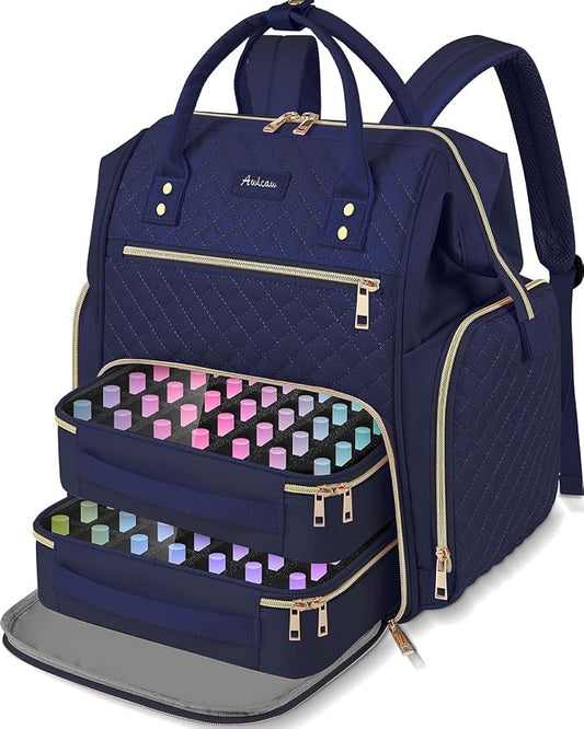 Large Nail Polish Organizer Bag Backpack Holds 70+ Bottles(15ml/0.5 fl.oz) UV Nail Lamp,Nail Organizers and Storage with 2 Removable Pouches Fits Nail Tool,Gift for Manicurist，Blue by Awlcaw
