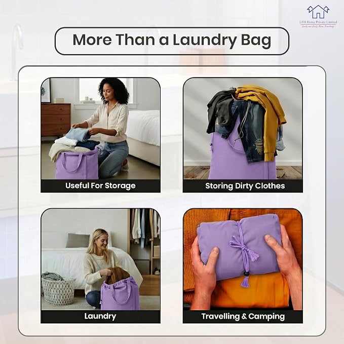 LFH Home Cotton Rich Large Premium Canvas Laundry Bag, Heavy Duty Washable Laundry Hamper with Drawstring & Handles, Multi-Use Clothes Storage for Home, Travel & College 28"x40" (Pack of 6) - Lavender - Image 7