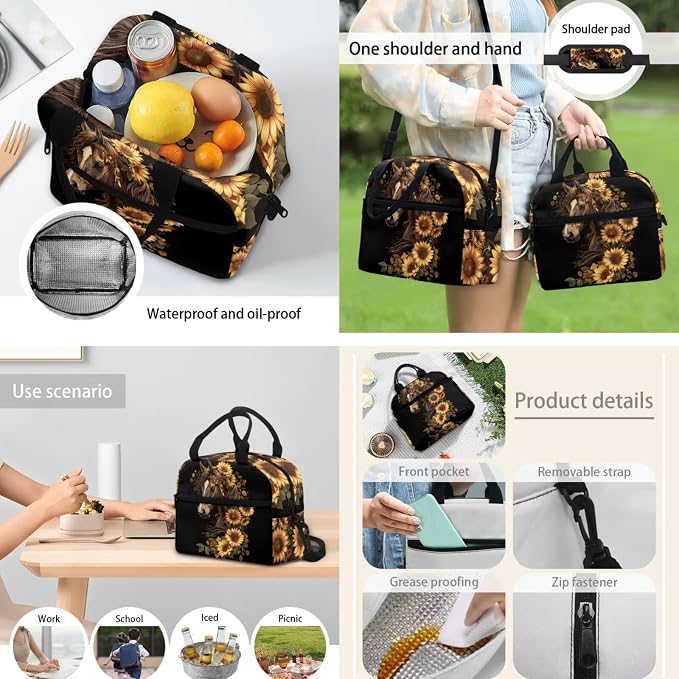 POLERO Sunflower Horse Backpacks for Girls Bookbag with Lunch Box Pencil Case Water Bottle Holder Teens Secondary School Bag Set - Image 6