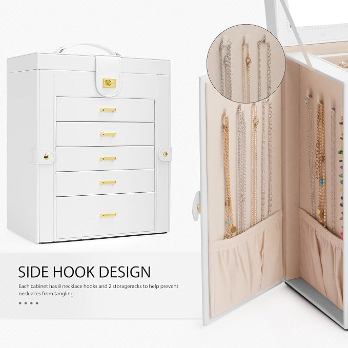 AKOZLIN 6-Tier Jewelry Box Organizer Functional 5 Drawers Leather Jewelry Storage Case for Women Girls Ring Necklace Earring Bracelet Holder Organizer with Mirror White Large - Image 5