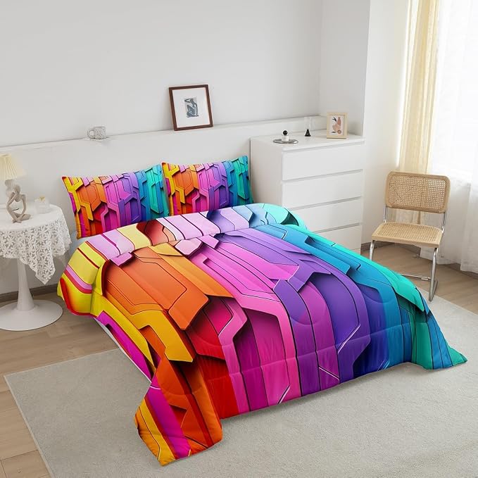 Erosebridal Rainbow Comforter Set Geometric Stripes Duvet Sets for Kids Girls Teens Women Bedroom, Soft Microfiber Down Comforter Luxury All-Season Bedding Set 2 Pcs with 1 Pillow Case, Twin Size - Image 3