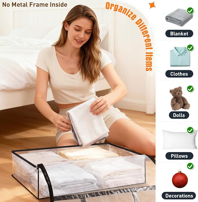 Clear Under Bed Storage Containers - 6 Pack Large Capacity Clothes Storage Bags with Lid & Sturdy Handles, Foldable Moving Bags, Clothing Organizer Totes for Bedding, Comforter, Sheet（60 L） - Image 5