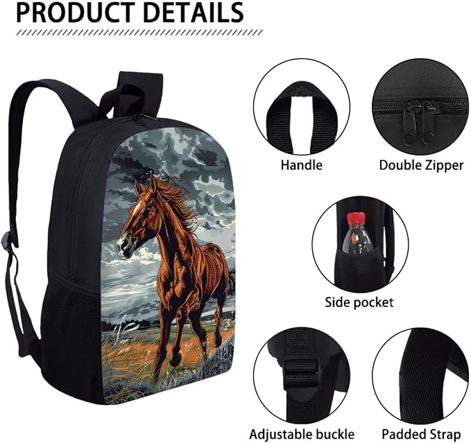 17 Inch Animal Print School Backpack And Lunch Box Set for Kids Lightweight Cloudy Sky Majestic Horse Backpack for Boys Girls School Bag with Insulated Lunchbox Pencil Case Student Bookbag - Image 4