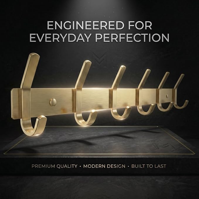 Brushed Gold Wall Mounted Coat Rack – 17 Inch Stainless Steel Rail with 6 Double Coat Hooks for Entryway, Bathroom, Bedroom, Kitchen – Modern Gold Hook Rack for Coats, Hats, Towels - Image 8