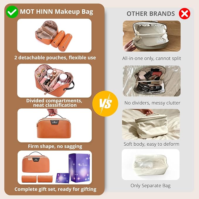 Travel Makeup Bag for Women: 3-in-1 Large Capacity Cosmetics Organizer with 2 Detachable Pouch - Vegan Leather Flat Open Toiletry Bag - Travel Essentials for Full-Sized Bottles(Orange) - Image 3
