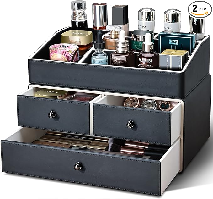 KINGFOM 2 Tier PU Leather Makeup Organizer with 3 Drawers, Cosmetic Storage Organizers for vanity Dresser Countertop and Bathroom Vanity, Beauty Holder for Lipstick Brush Skincare (Black) by KingfomLeatherHomeOfficeDecor